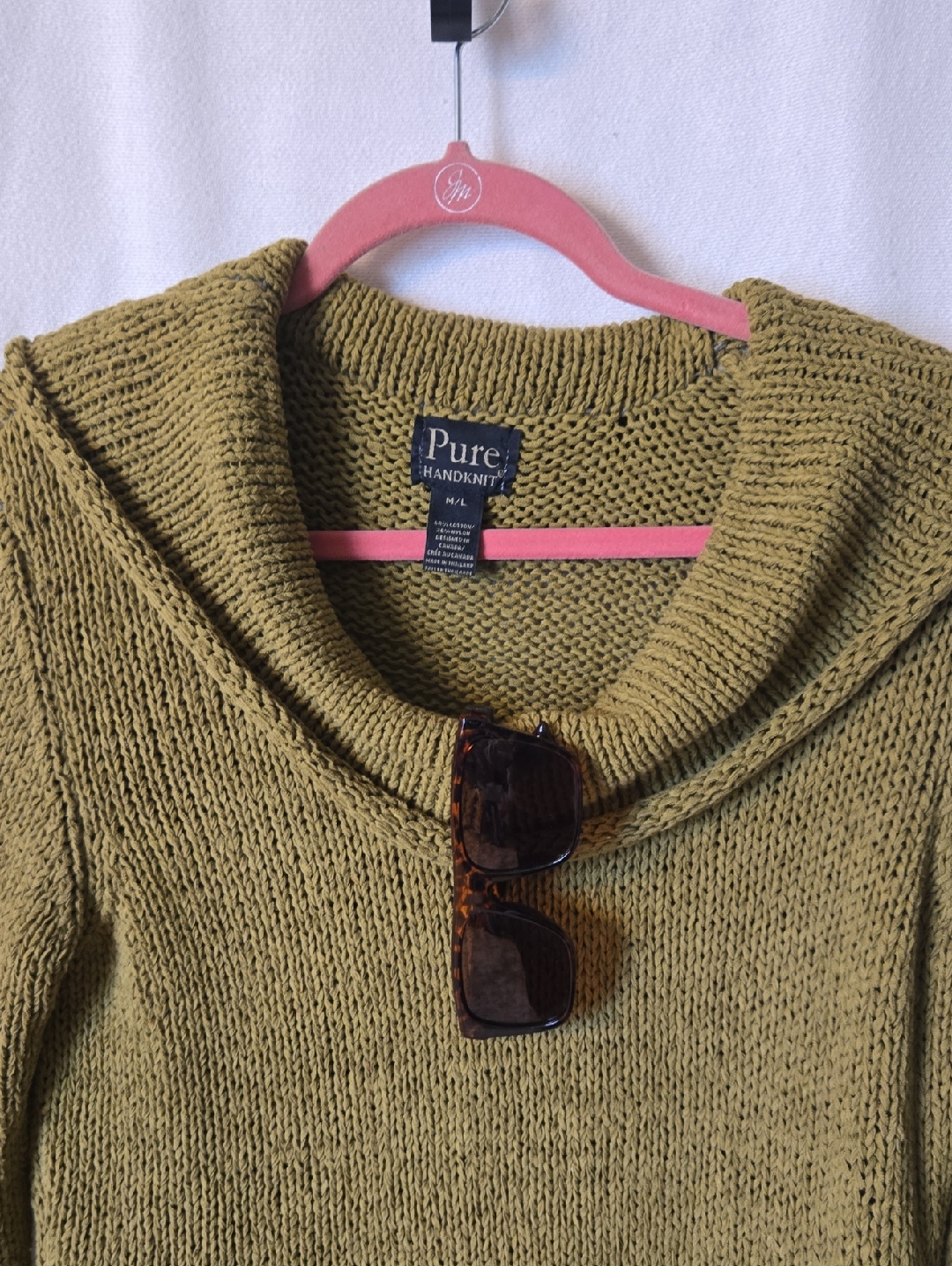 Pure Handknit Olive Shawl Collar Sweater Chunky Knit Cozy Oversized Pullover